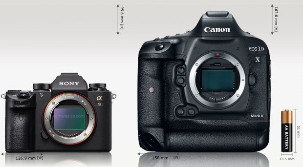 Sony Alpha A9 is 20% (31.1 mm) narrower and 43% (72 mm) shorter than Canon EOS-1D X Mark II. Sony Alpha A9 is 24% (19.6 mm) thinner than Canon EOS-1D X Mark II. Sony Alpha A9 [673 g] weights 56% (857 grams) less than Canon EOS-1D X Mark II [1530 g]
