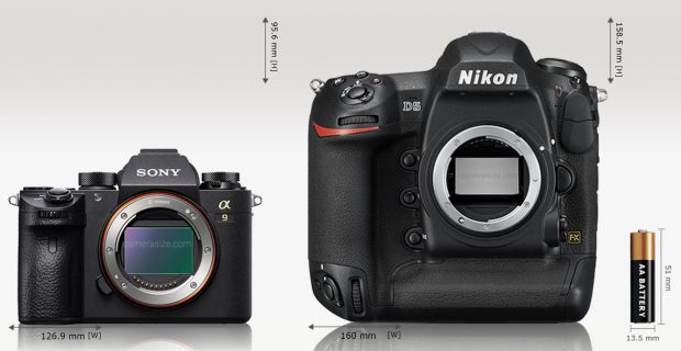 Sony Alpha A9 is 21% (33.1 mm) narrower and 40% (62.9 mm) shorter than Nikon D5. Sony Alpha A9 is 32% (29 mm) thinner than Nikon D5. Sony Alpha A9 [673 g] weights 52% (732 grams) less than Nikon D5 [1405 g] (*inc. batteries and memory card).