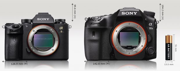 Sony Alpha A9 is 11% (15.7 mm) narrower and 8% (8.6 mm) shorter than Sony A99 II. Sony Alpha A9 is 17% (13.1 mm) thinner than Sony A99 II. Sony Alpha A9 [673 g] weights 21% (176 grams) less than Sony A99 II [849 g]