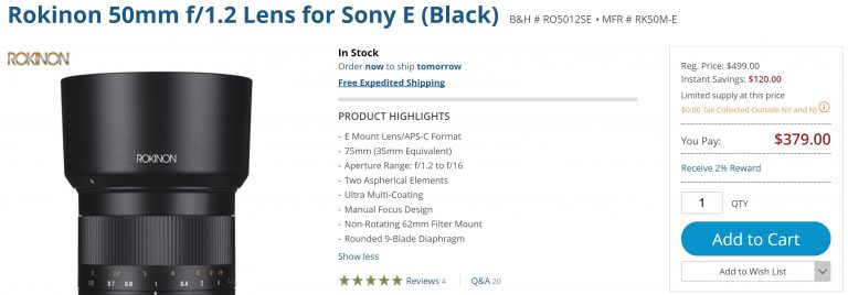 New Lowest Price for Rokinon 50mm f/1.2 E-mount Lens !
