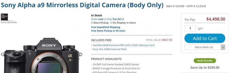 Hot Deal – $670 Free Accessories for Buying Sony a9 at B&H Photo Video !